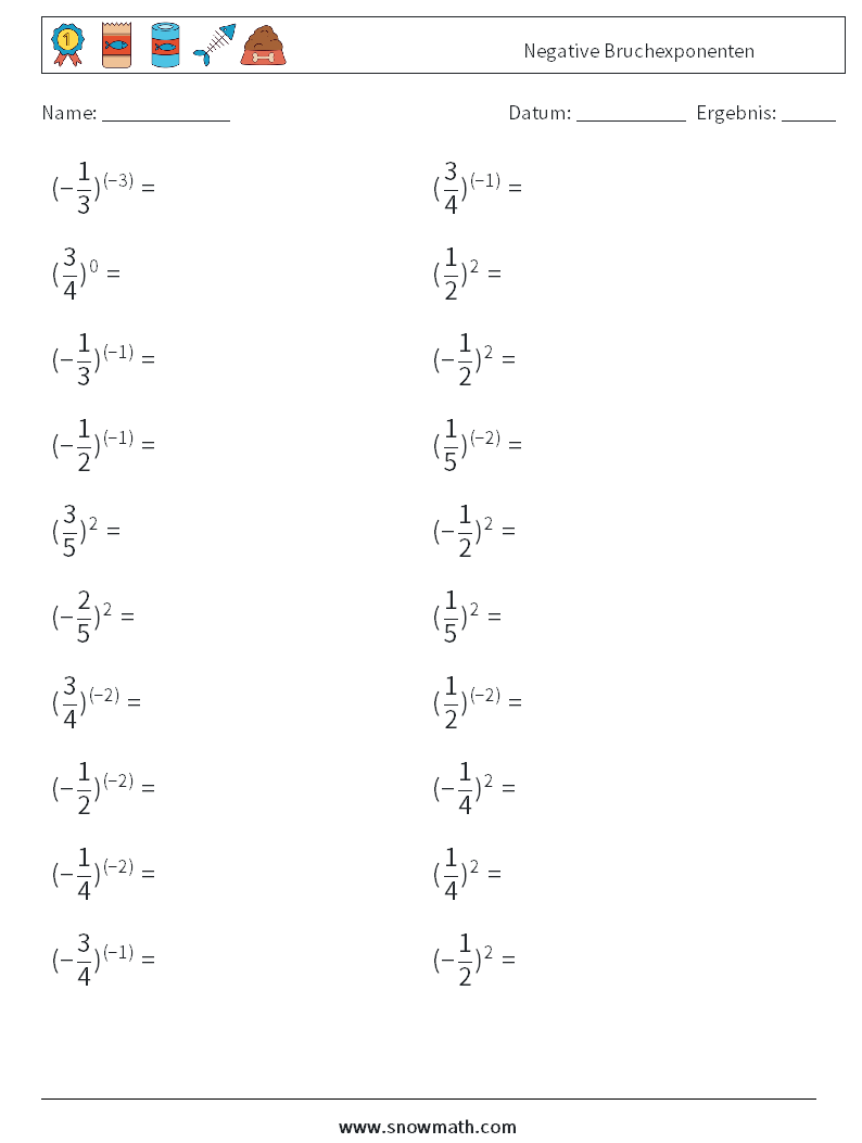 Negative Bruchexponenten Mathe-Arbeitsblätter 1