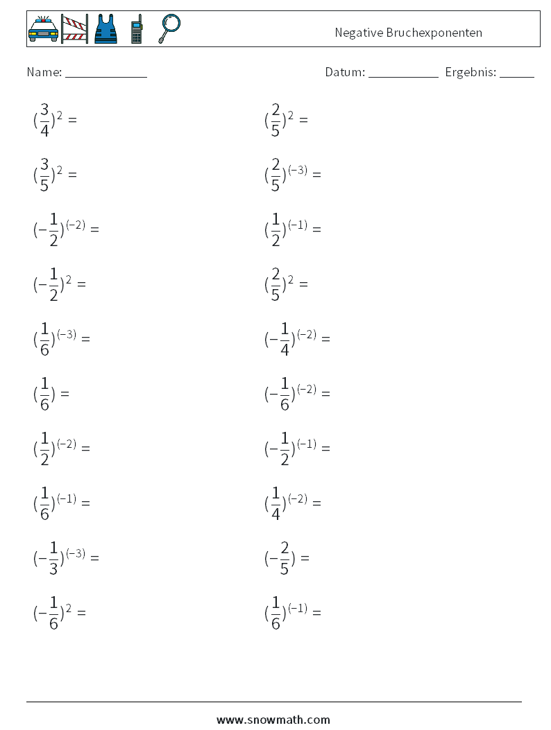 Negative Bruchexponenten Mathe-Arbeitsblätter 2