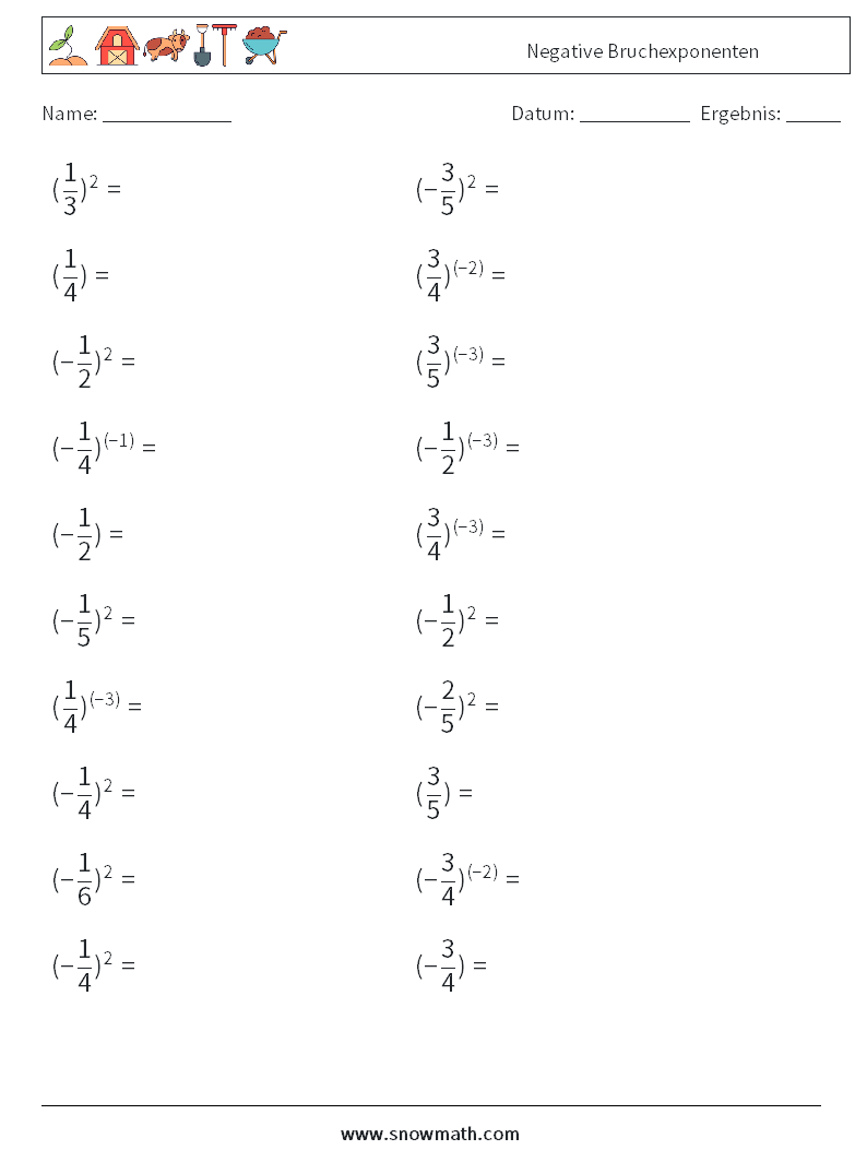 Negative Bruchexponenten Mathe-Arbeitsblätter 3