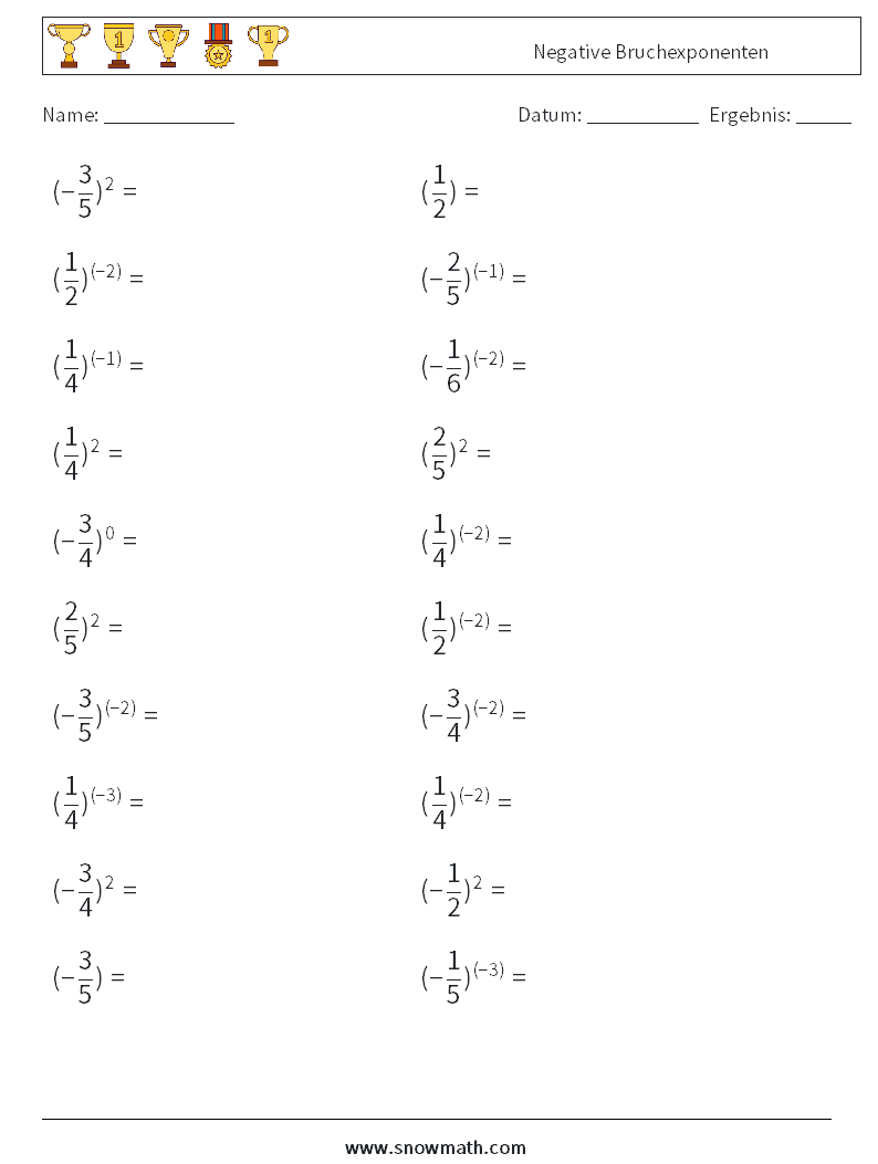 Negative Bruchexponenten Mathe-Arbeitsblätter 5