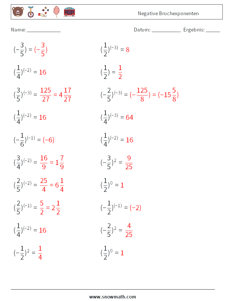 Negative Bruchexponenten Mathe-Arbeitsblätter 7 Frage, Antwort