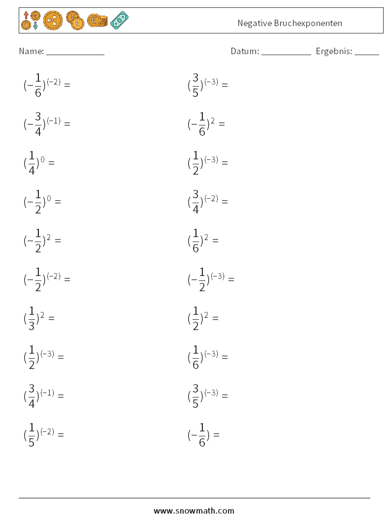 Negative Bruchexponenten Mathe-Arbeitsblätter 8