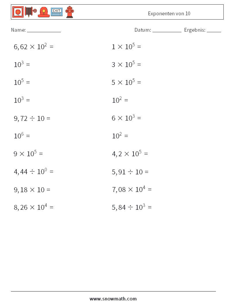 Exponenten von 10 Mathe-Arbeitsblätter 1