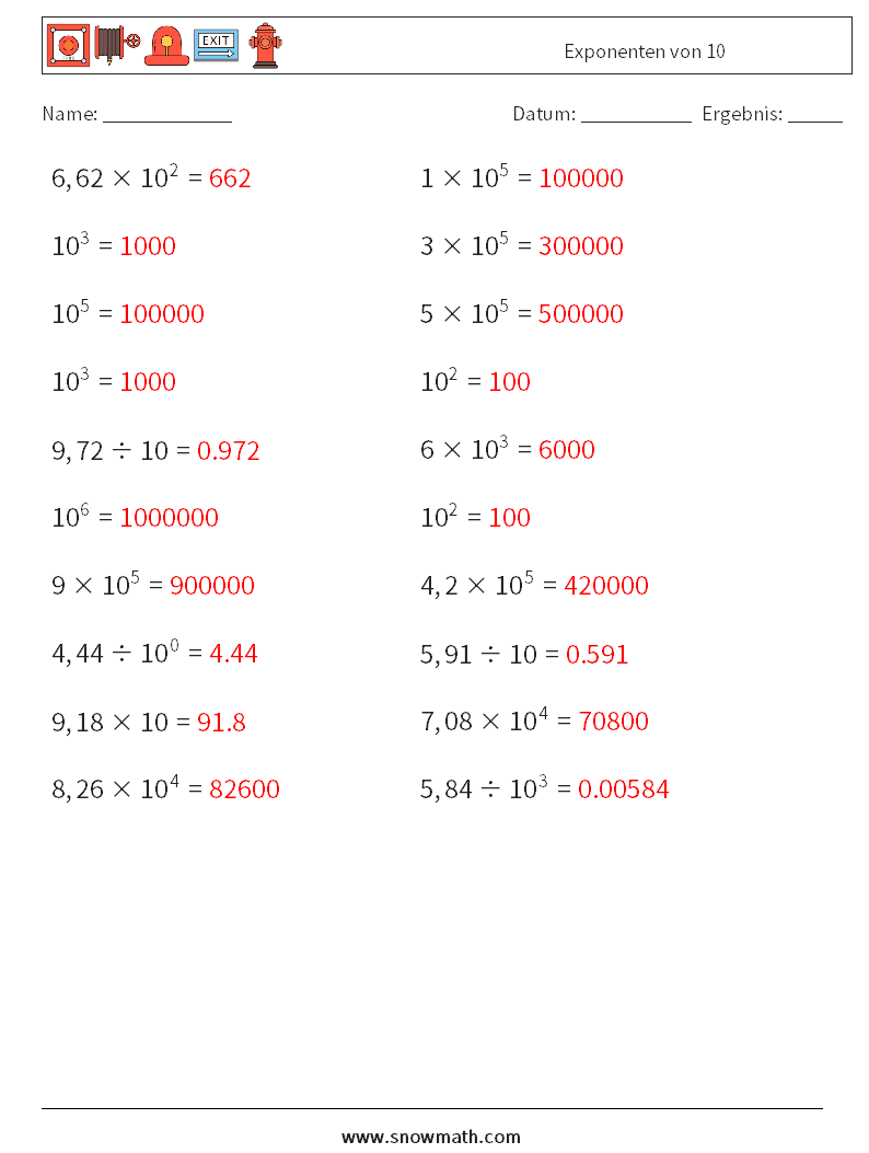 Exponenten von 10 Mathe-Arbeitsblätter 1 Frage, Antwort