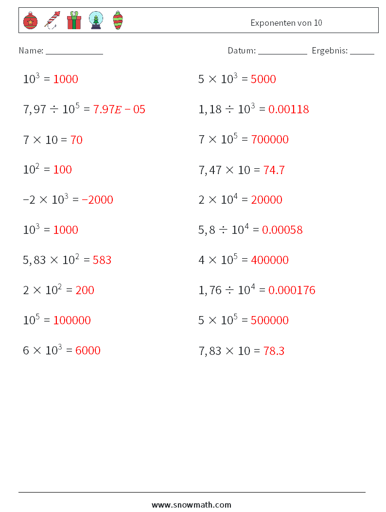 Exponenten von 10 Mathe-Arbeitsblätter 2 Frage, Antwort