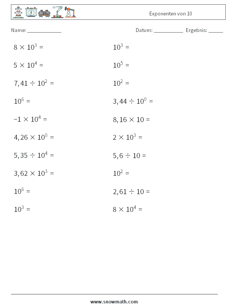 Exponenten von 10 Mathe-Arbeitsblätter 3