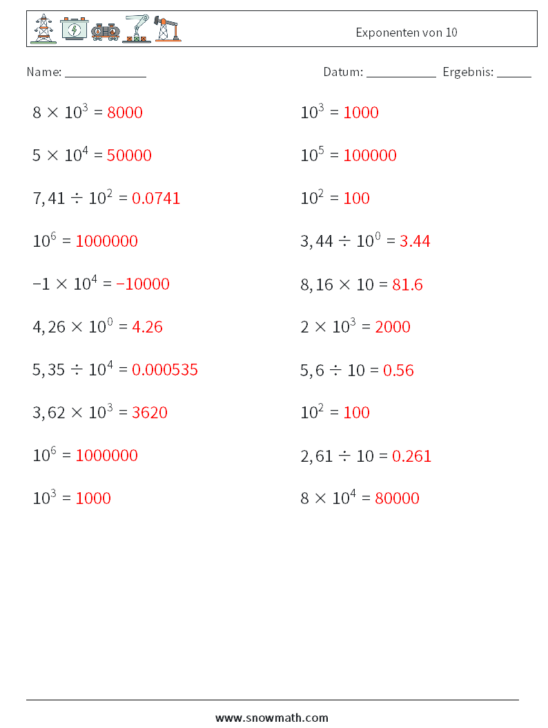 Exponenten von 10 Mathe-Arbeitsblätter 3 Frage, Antwort