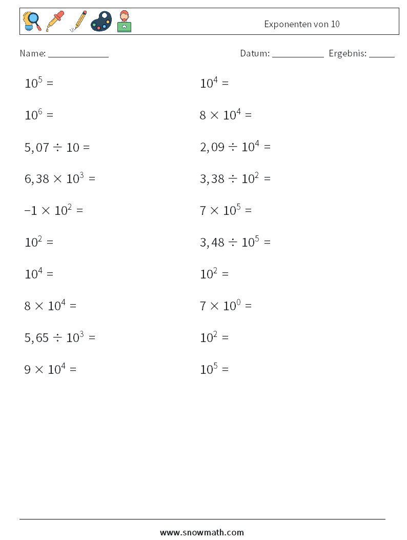 Exponenten von 10 Mathe-Arbeitsblätter 4