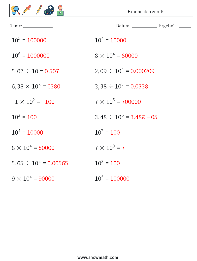 Exponenten von 10 Mathe-Arbeitsblätter 4 Frage, Antwort