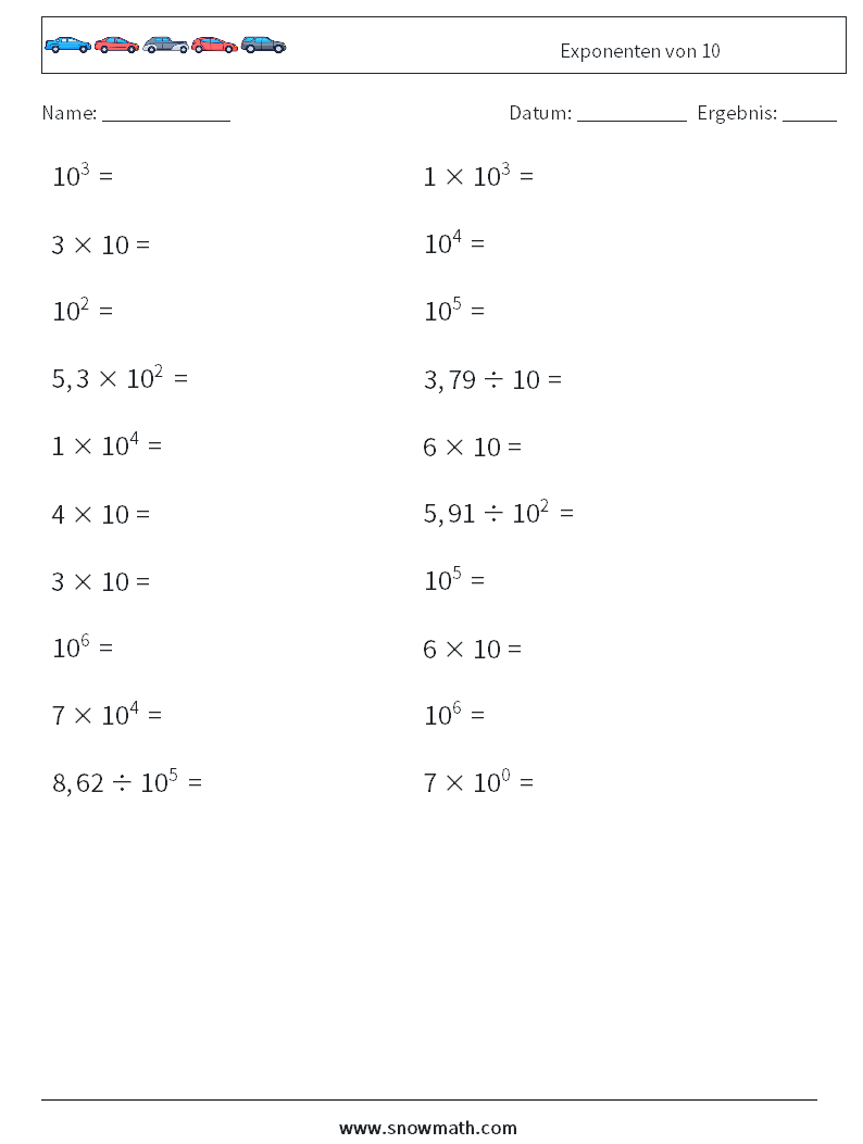Exponenten von 10 Mathe-Arbeitsblätter 5