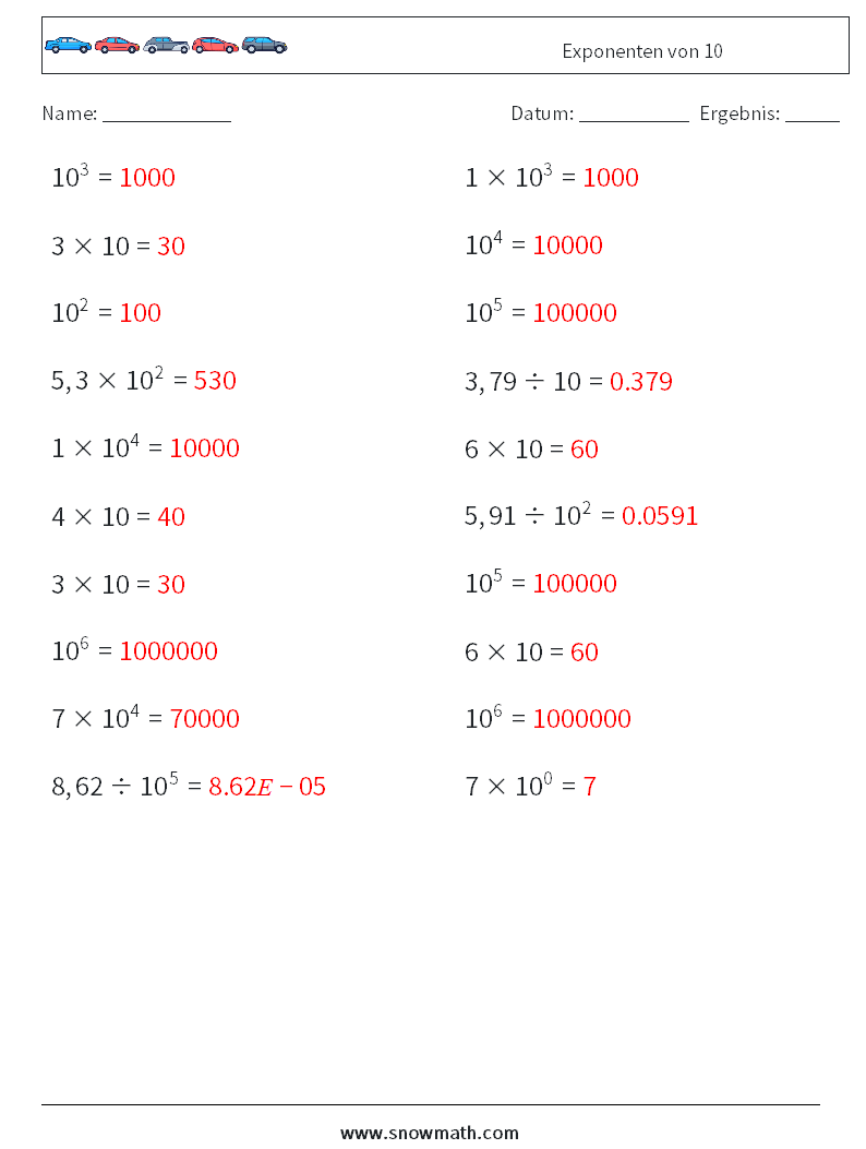 Exponenten von 10 Mathe-Arbeitsblätter 5 Frage, Antwort