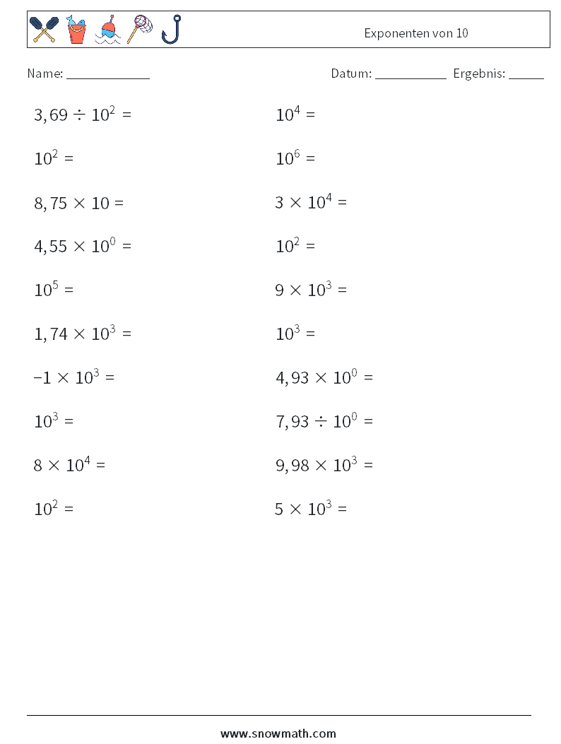 Exponenten von 10 Mathe-Arbeitsblätter 6