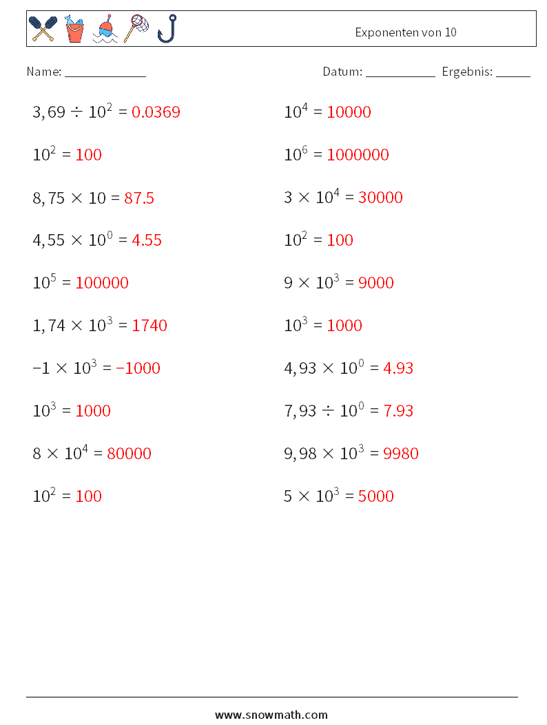 Exponenten von 10 Mathe-Arbeitsblätter 6 Frage, Antwort