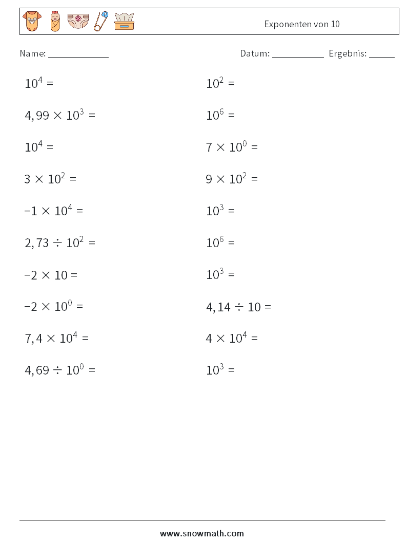Exponenten von 10 Mathe-Arbeitsblätter 7