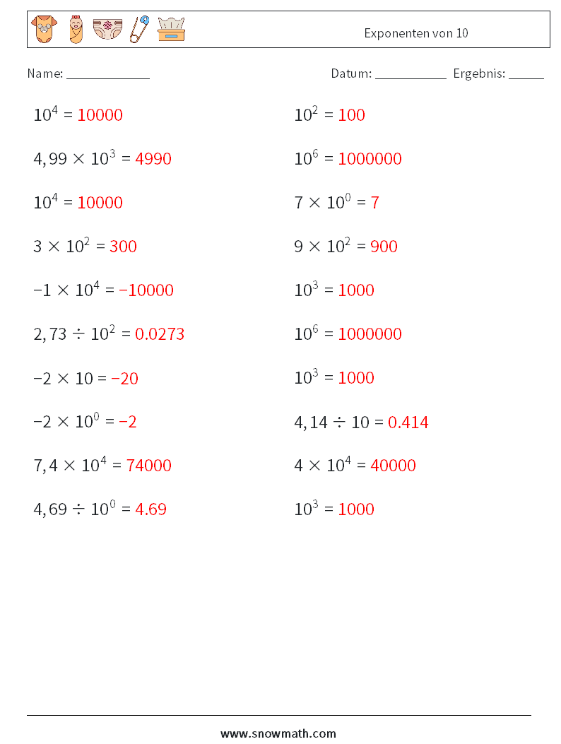 Exponenten von 10 Mathe-Arbeitsblätter 7 Frage, Antwort