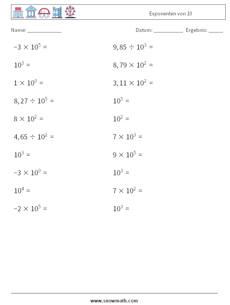 Exponenten von 10 Mathe-Arbeitsblätter 8