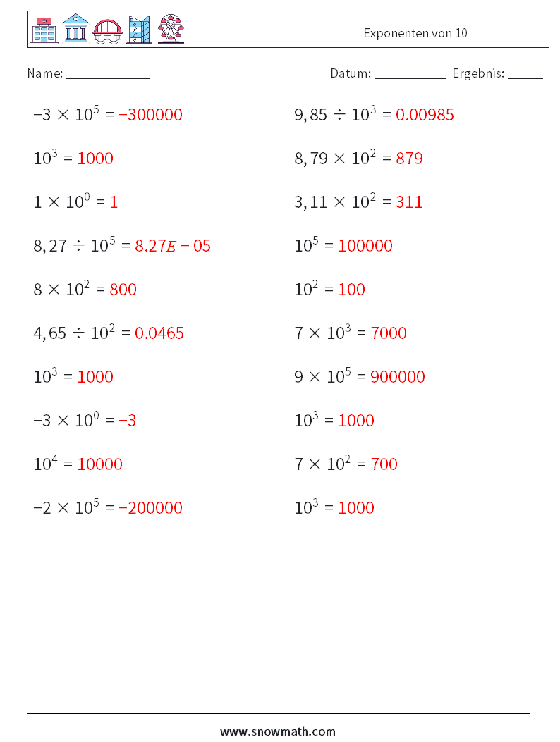 Exponenten von 10 Mathe-Arbeitsblätter 8 Frage, Antwort