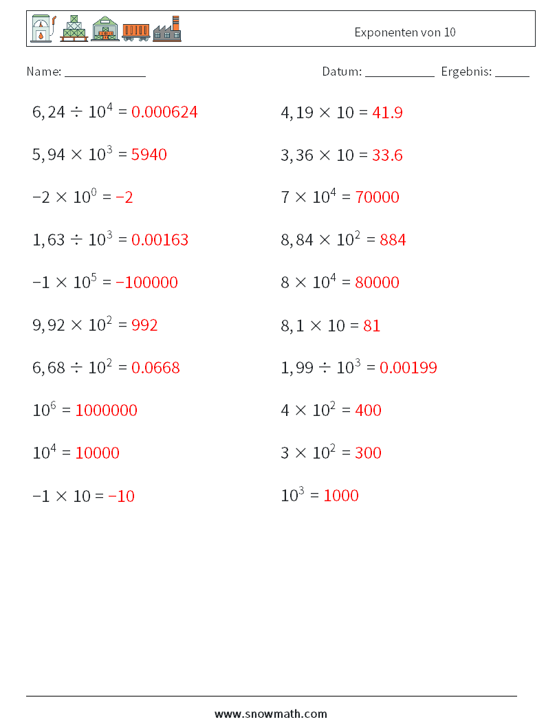 Exponenten von 10 Mathe-Arbeitsblätter 9 Frage, Antwort