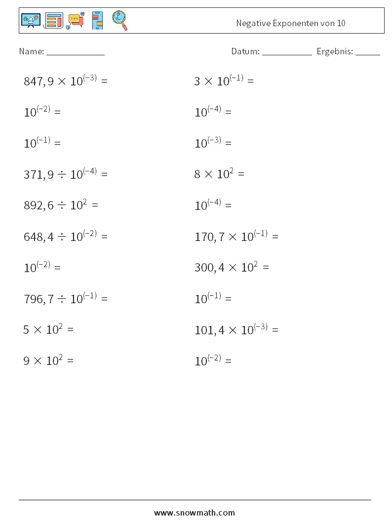 Negative Exponenten von 10 Mathe-Arbeitsblätter 1