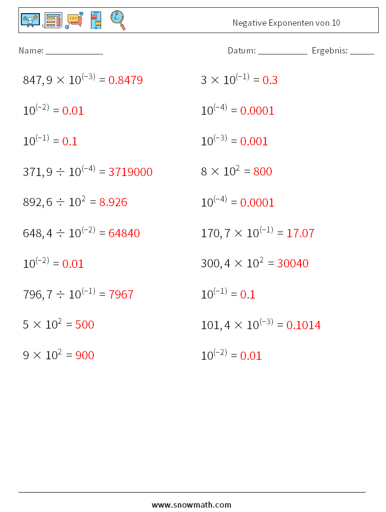 Negative Exponenten von 10 Mathe-Arbeitsblätter 1 Frage, Antwort