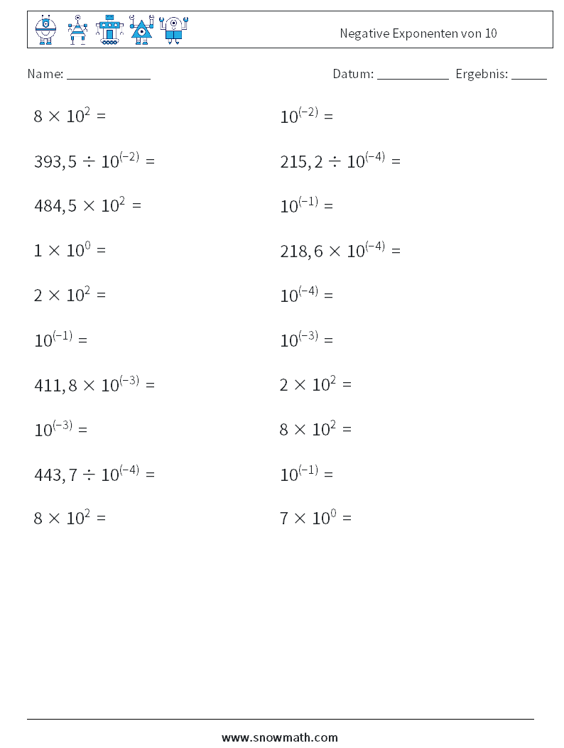 Negative Exponenten von 10 Mathe-Arbeitsblätter 2