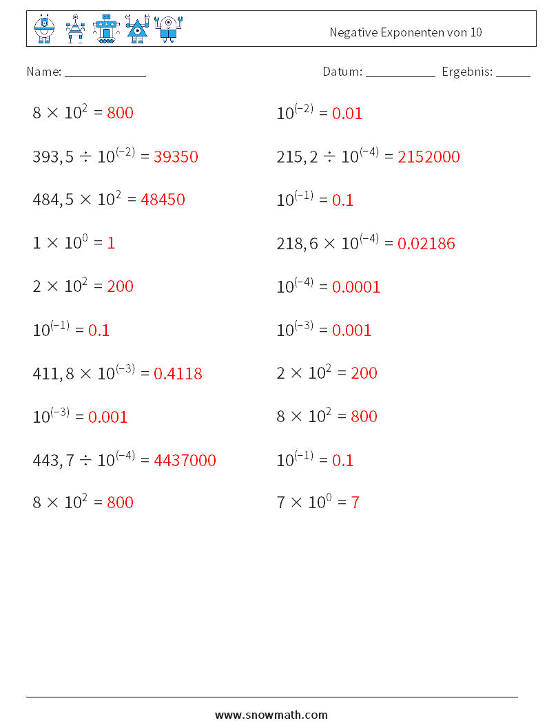 Negative Exponenten von 10 Mathe-Arbeitsblätter 2 Frage, Antwort