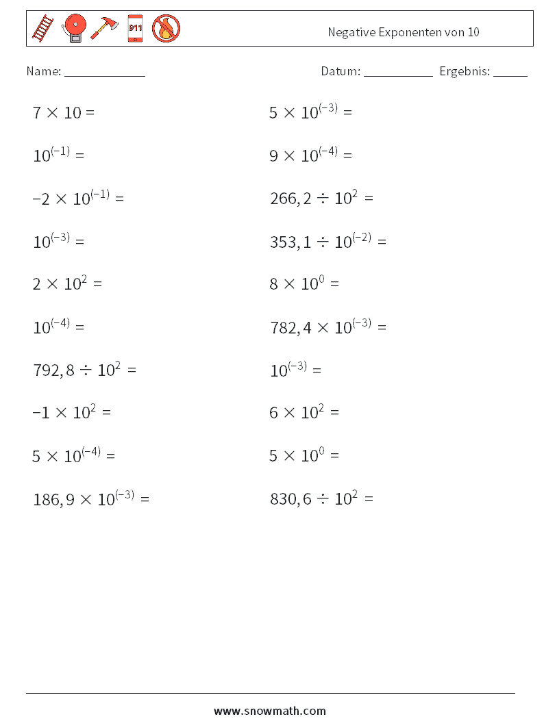 Negative Exponenten von 10 Mathe-Arbeitsblätter 5