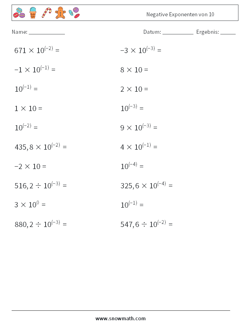 Negative Exponenten von 10 Mathe-Arbeitsblätter 6