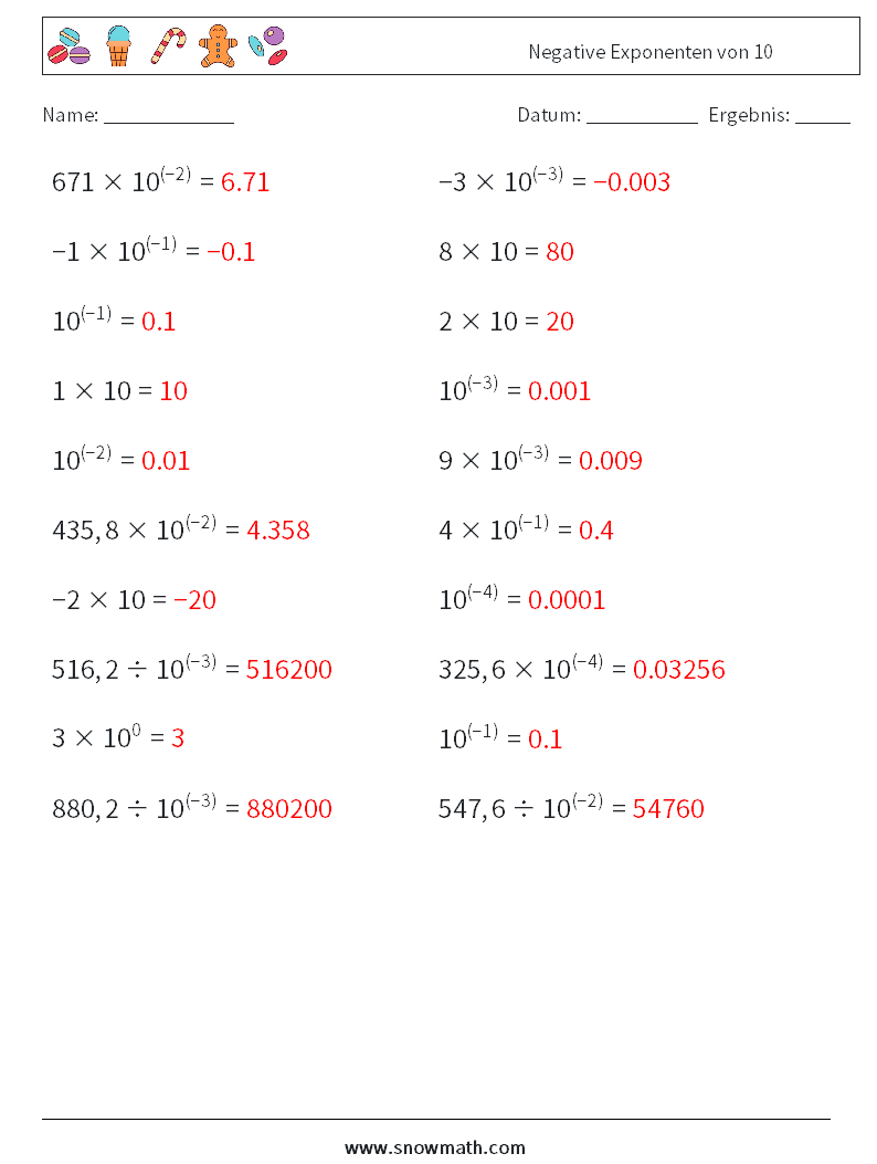 Negative Exponenten von 10 Mathe-Arbeitsblätter 6 Frage, Antwort