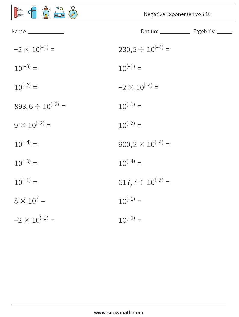 Negative Exponenten von 10 Mathe-Arbeitsblätter 7