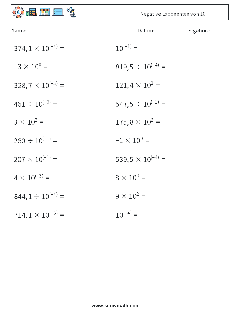 Negative Exponenten von 10 Mathe-Arbeitsblätter 8
