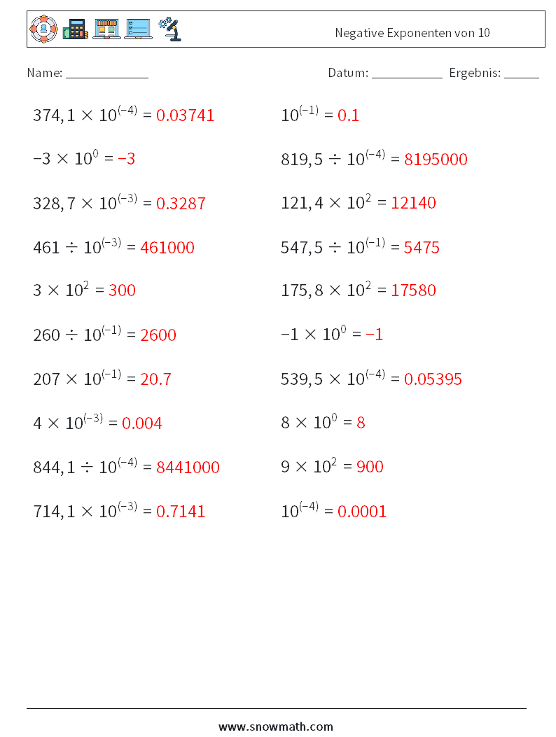 Negative Exponenten von 10 Mathe-Arbeitsblätter 8 Frage, Antwort
