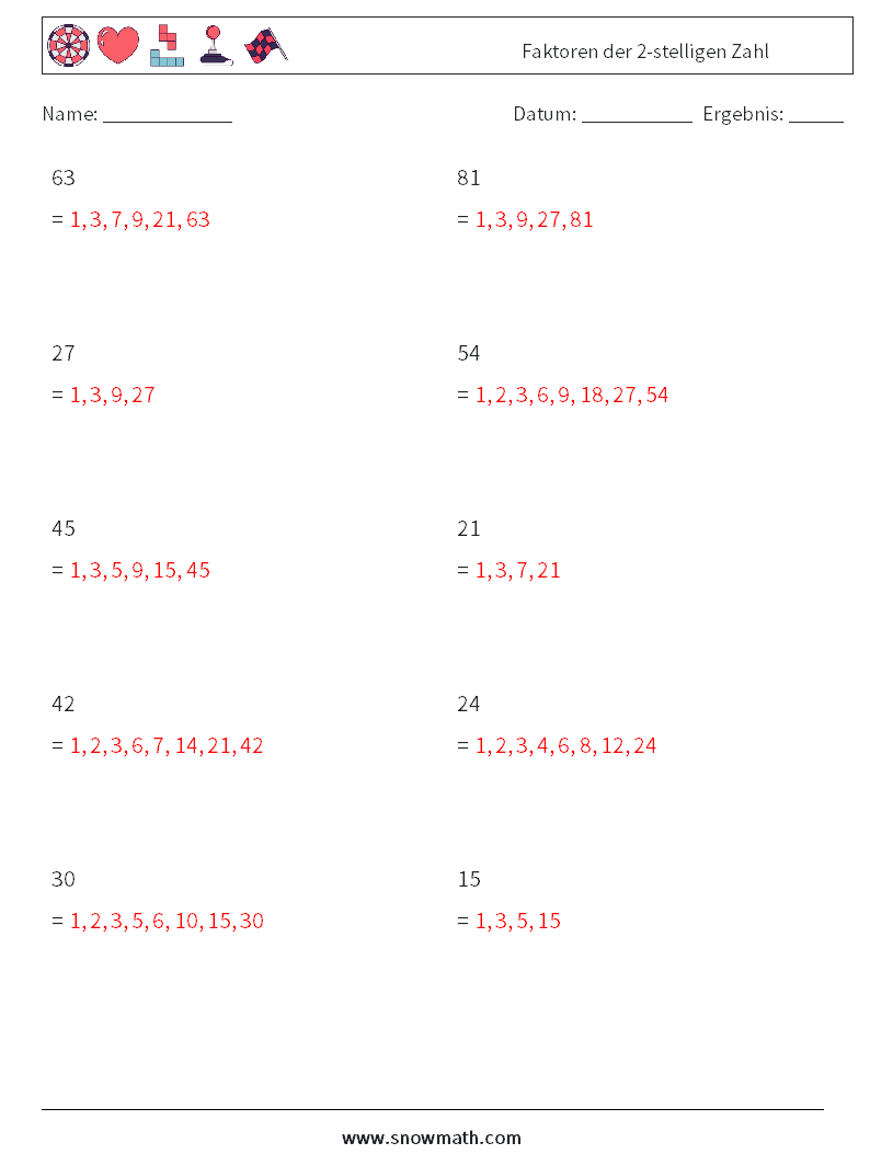 Faktoren der 2-stelligen Zahl Mathe-Arbeitsblätter 1 Frage, Antwort