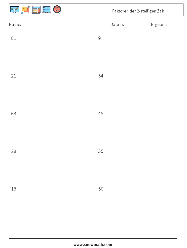 Faktoren der 2-stelligen Zahl Mathe-Arbeitsblätter 2