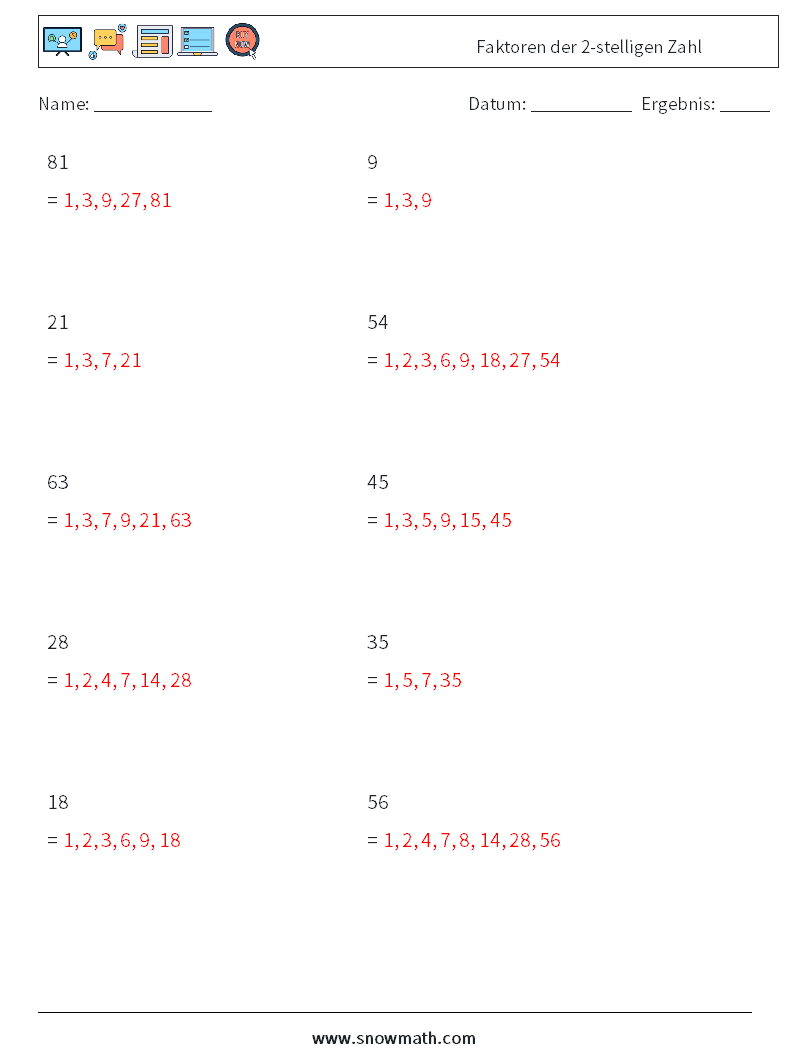 Faktoren der 2-stelligen Zahl Mathe-Arbeitsblätter 2 Frage, Antwort