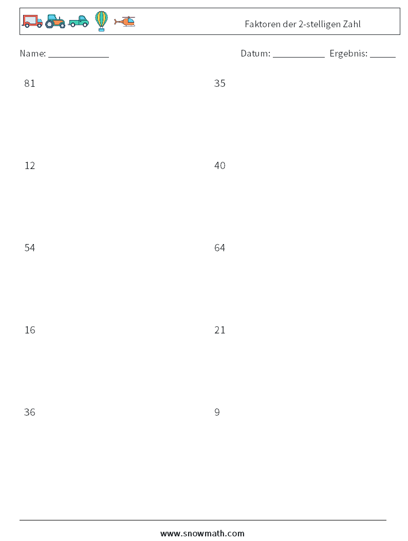 Faktoren der 2-stelligen Zahl Mathe-Arbeitsblätter 3