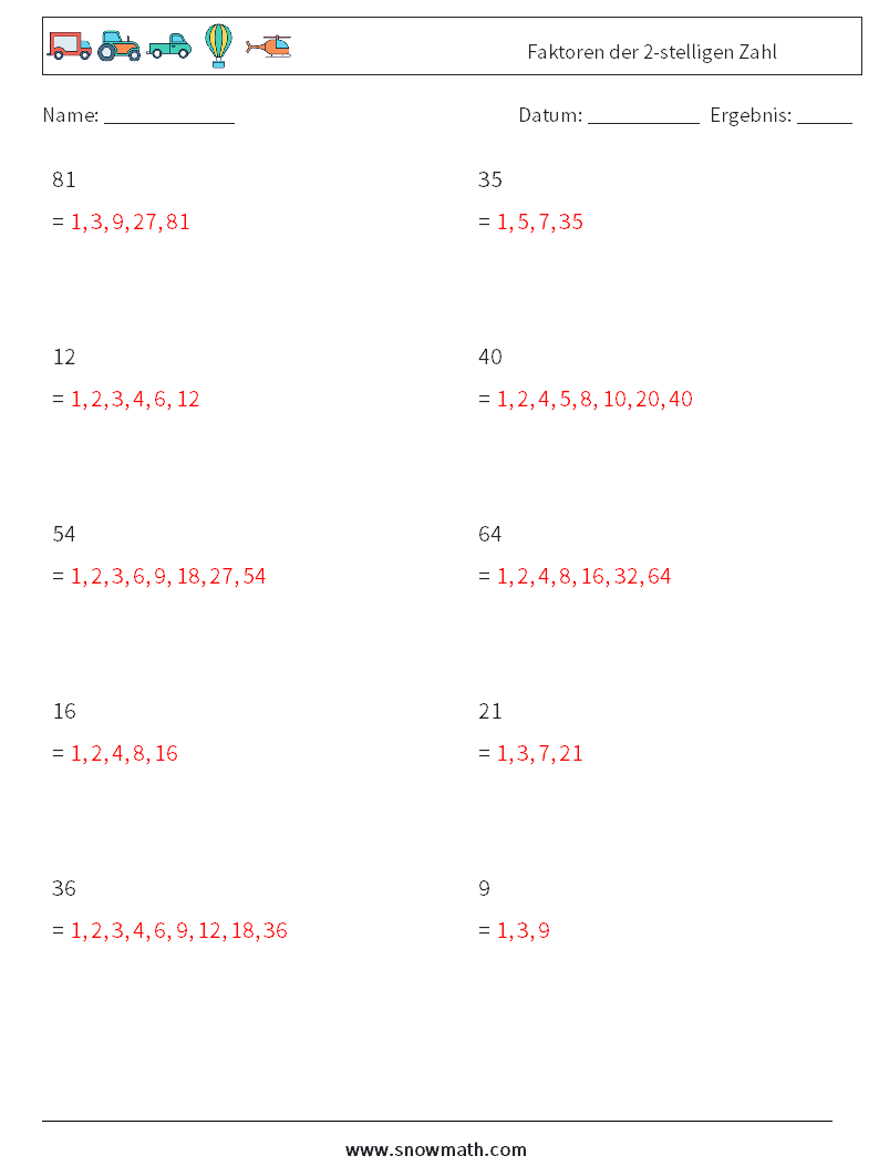 Faktoren der 2-stelligen Zahl Mathe-Arbeitsblätter 3 Frage, Antwort