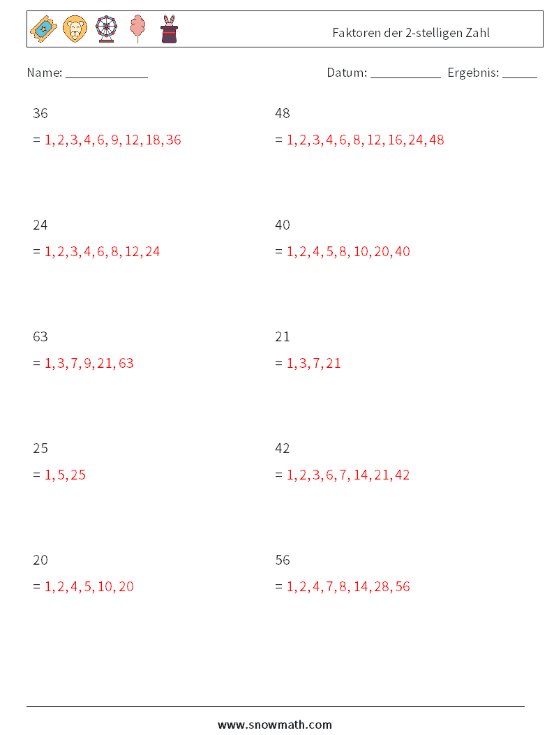 Faktoren der 2-stelligen Zahl Mathe-Arbeitsblätter 4 Frage, Antwort