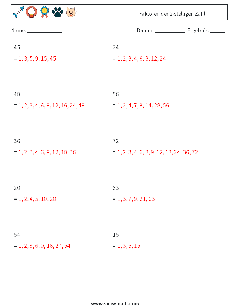 Faktoren der 2-stelligen Zahl Mathe-Arbeitsblätter 5 Frage, Antwort