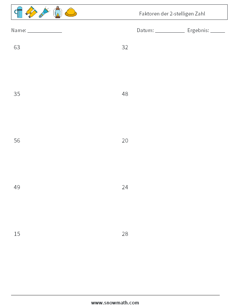 Faktoren der 2-stelligen Zahl Mathe-Arbeitsblätter 6