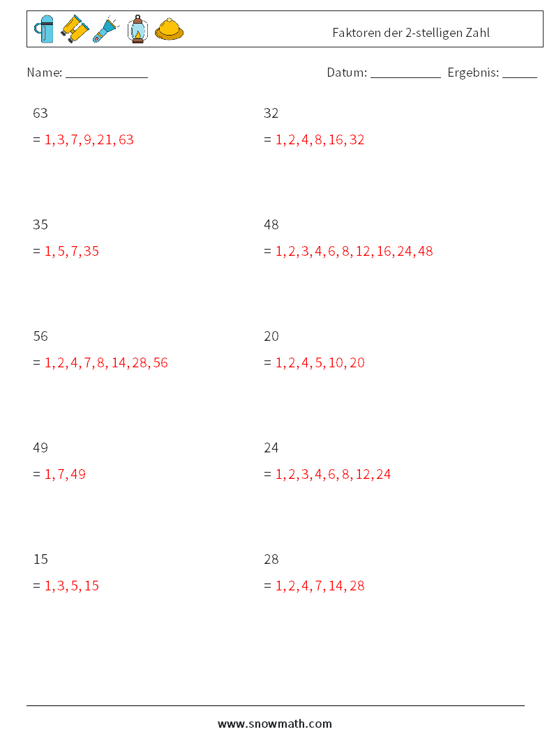 Faktoren der 2-stelligen Zahl Mathe-Arbeitsblätter 6 Frage, Antwort