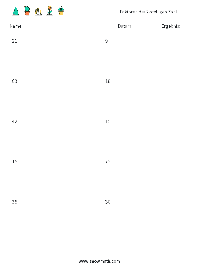 Faktoren der 2-stelligen Zahl Mathe-Arbeitsblätter 7