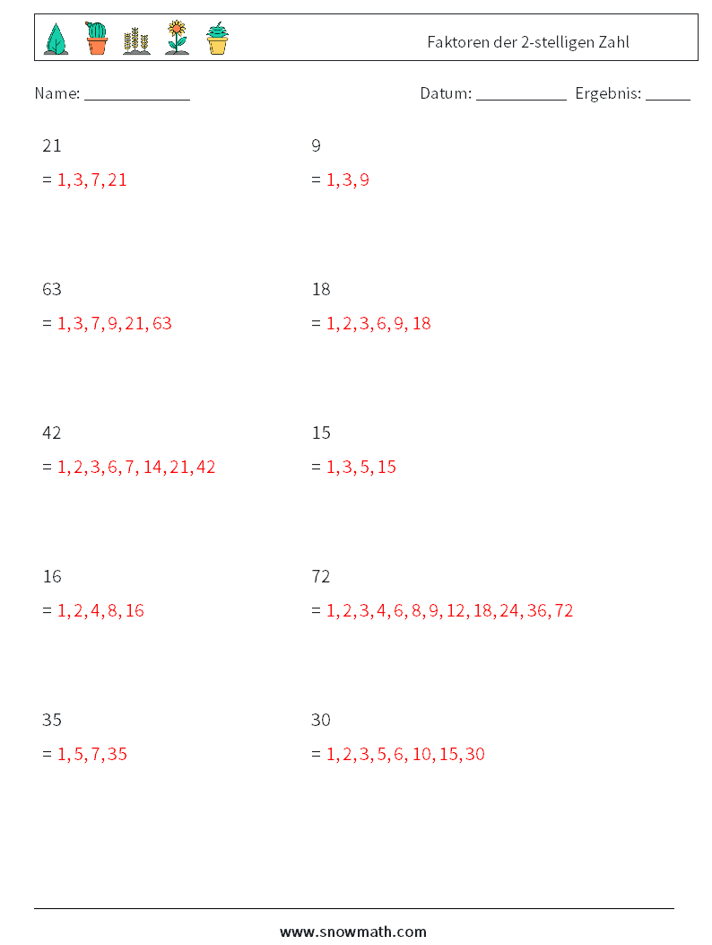 Faktoren der 2-stelligen Zahl Mathe-Arbeitsblätter 7 Frage, Antwort
