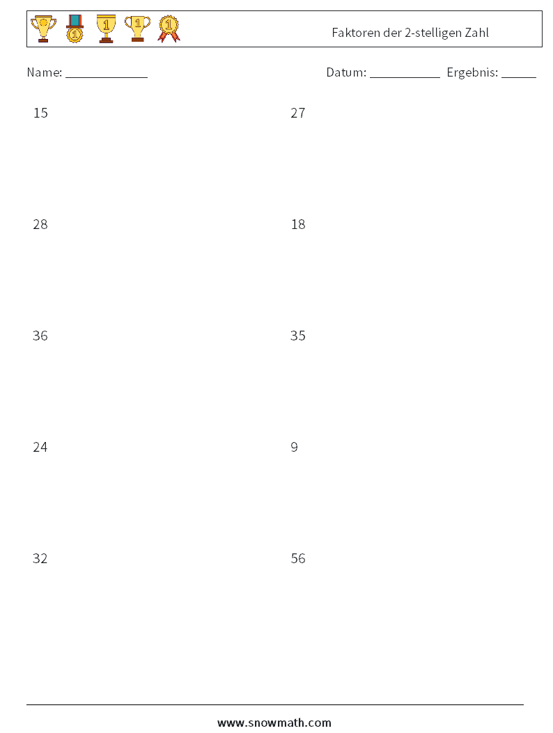 Faktoren der 2-stelligen Zahl Mathe-Arbeitsblätter 8