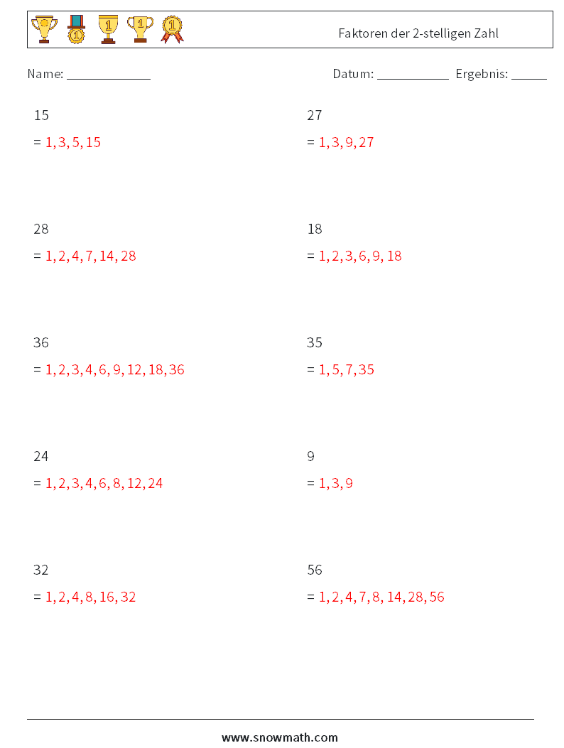 Faktoren der 2-stelligen Zahl Mathe-Arbeitsblätter 8 Frage, Antwort