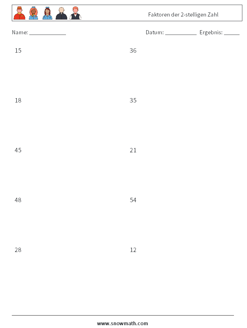 Faktoren der 2-stelligen Zahl Mathe-Arbeitsblätter 9