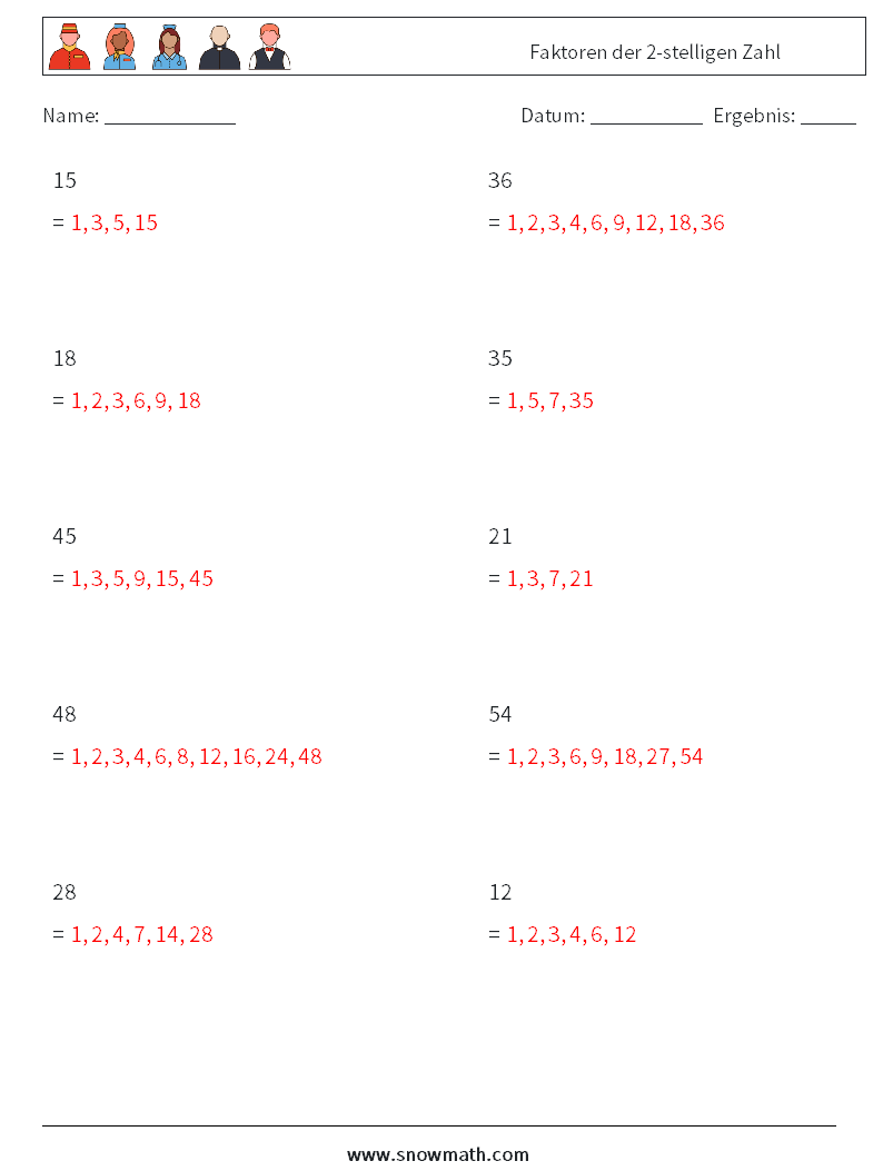 Faktoren der 2-stelligen Zahl Mathe-Arbeitsblätter 9 Frage, Antwort