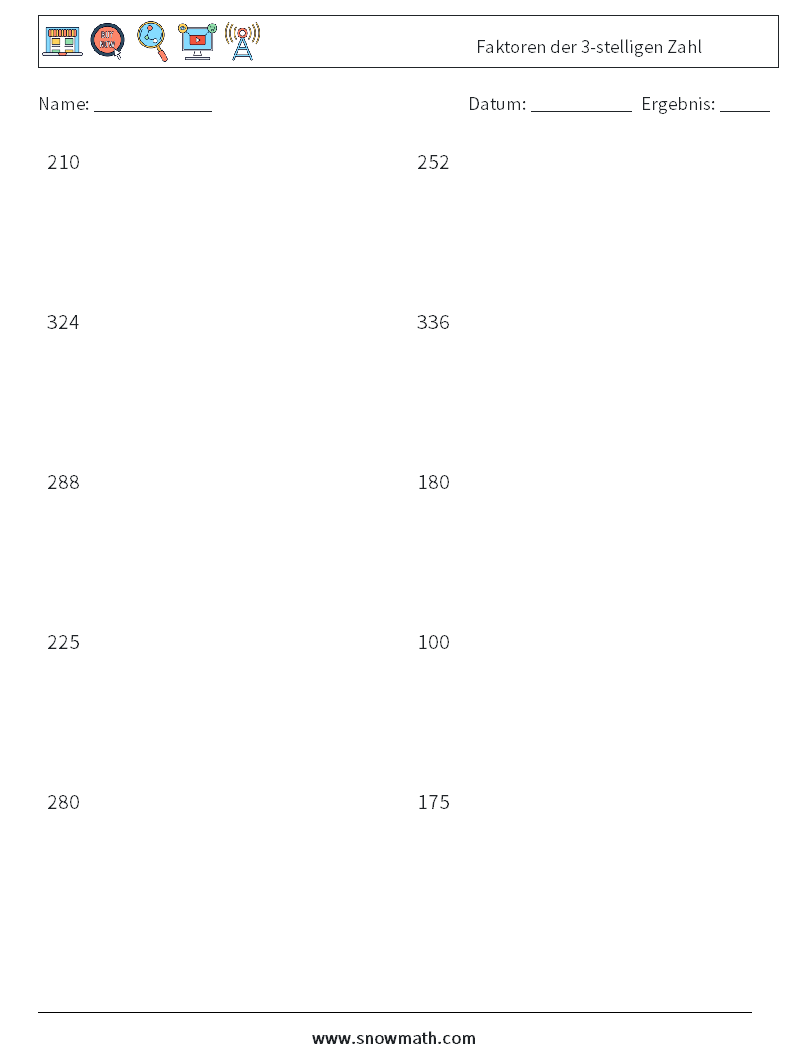 Faktoren der 3-stelligen Zahl Mathe-Arbeitsblätter 6