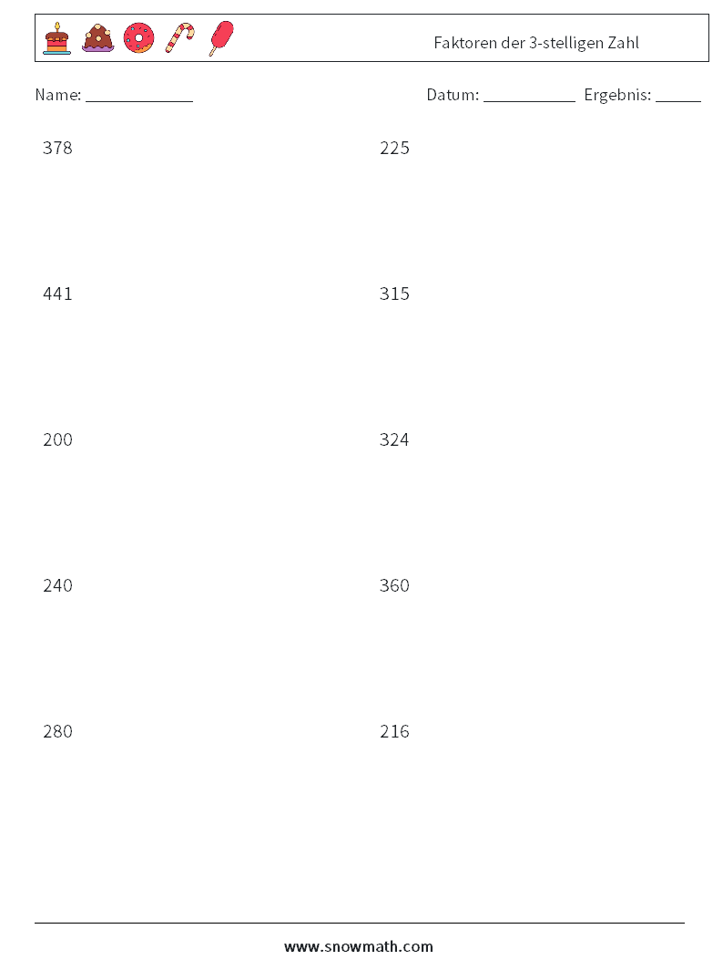 Faktoren der 3-stelligen Zahl Mathe-Arbeitsblätter 7