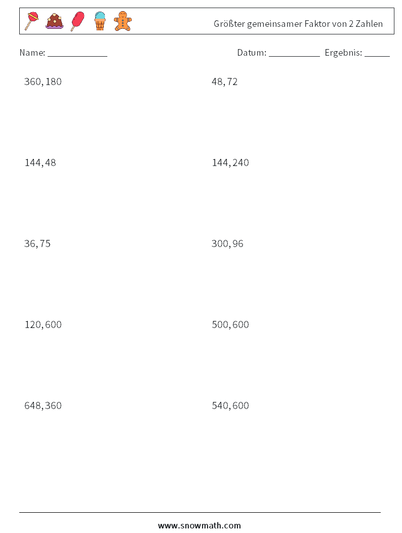Größter gemeinsamer Faktor von 2 Zahlen Mathe-Arbeitsblätter 1